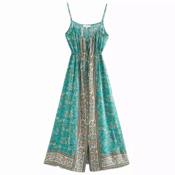 SOLD OUT Turquoise Bohemian Button Front Floral Dress - Picture 2 of 2